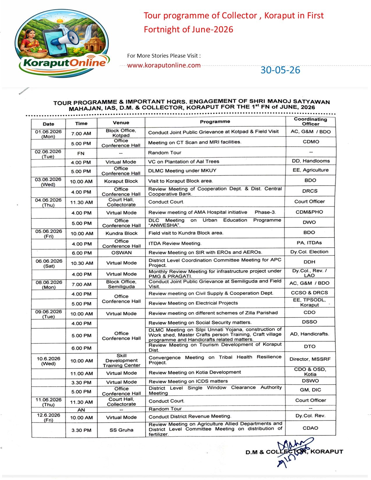 Tour programme and Engagement Calendar of Collector , Koraput in the First Fortnight of June-2026