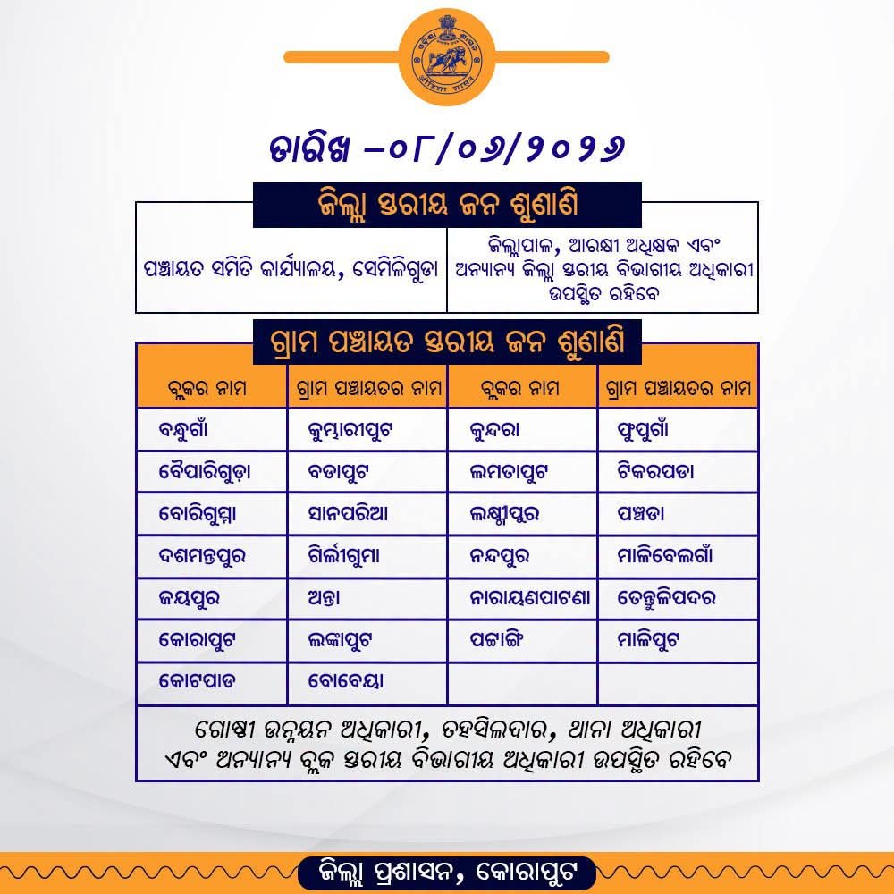 Weekly District level Public hearing is at Semiliguda on 8th June-2026 ( Monday )