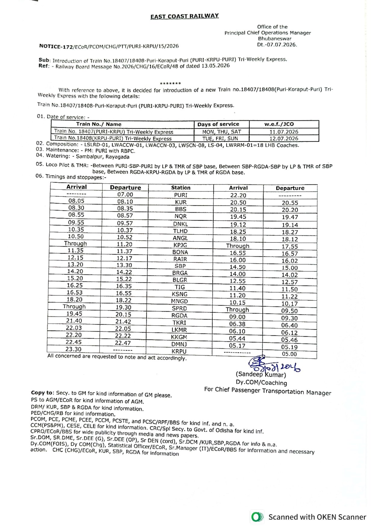 New Train between Koraput to Puri is to run from 11th July 2026