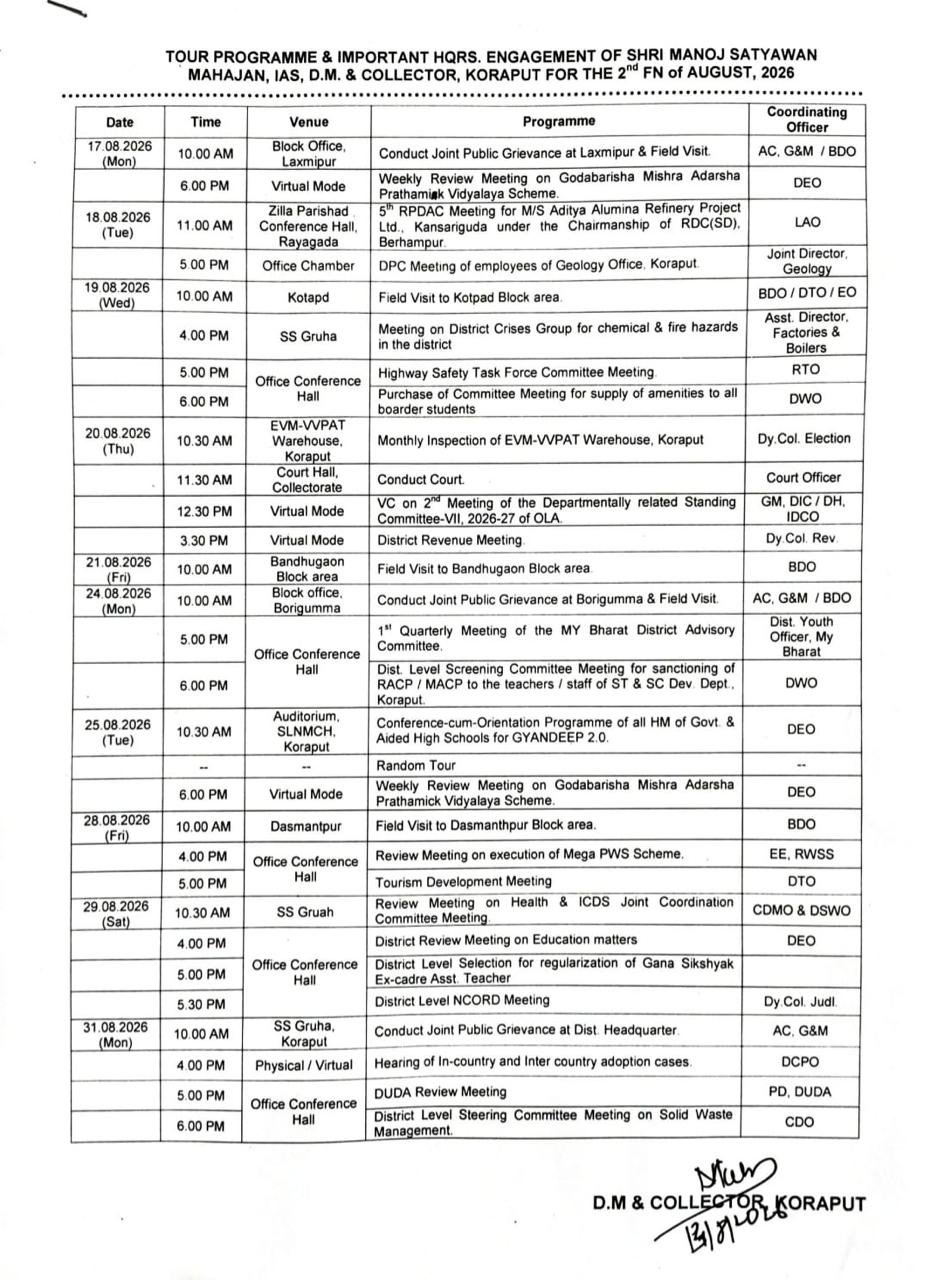 Tour programme of Koraput District Collector for the period : 15th-31st August-2026
