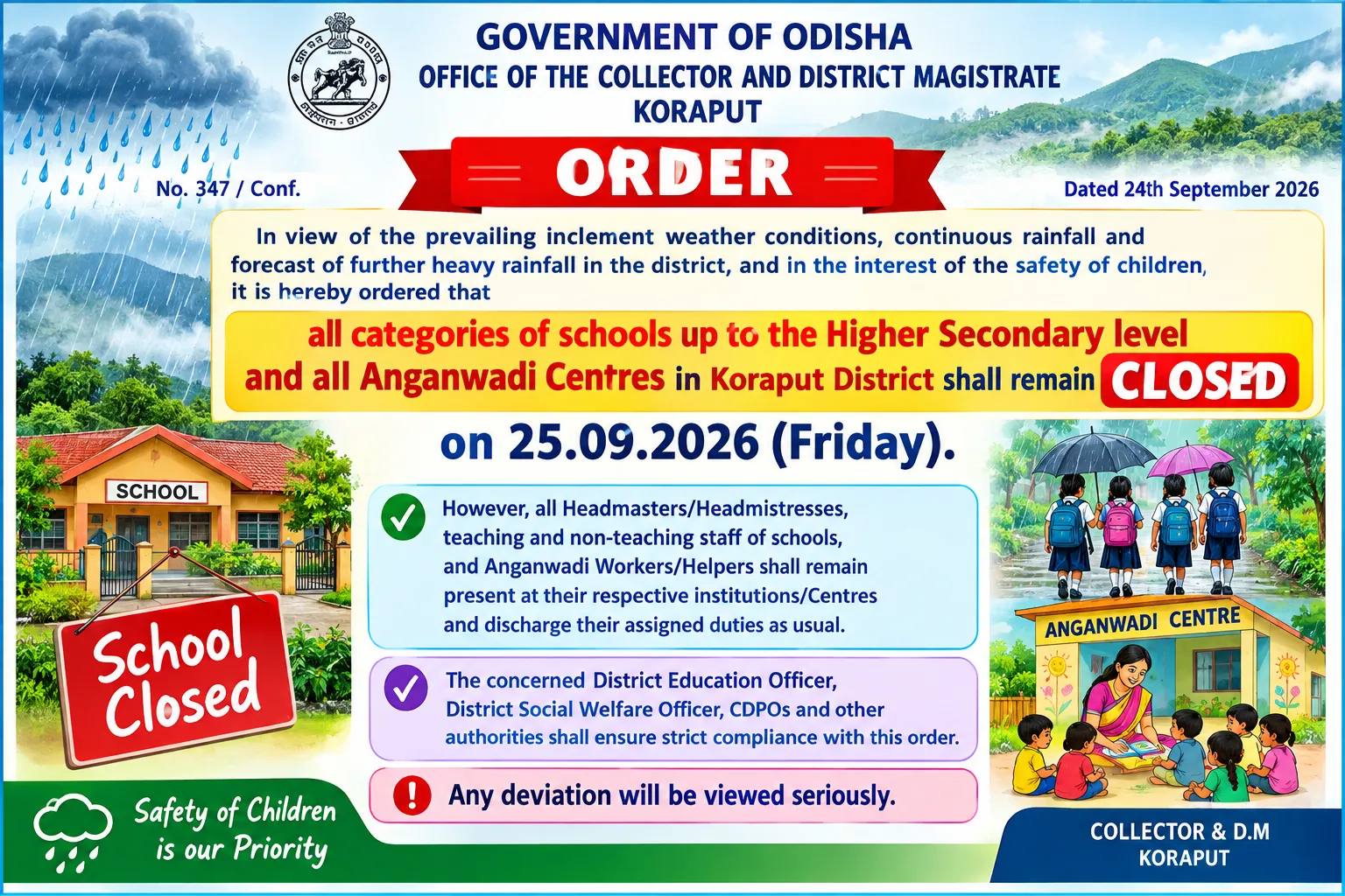Schools in Koraput District to Remain Closed on 25th September -2026