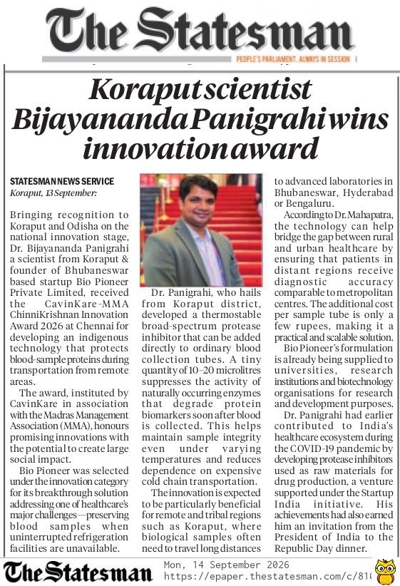 Koraput Scientist Bijayananda Panigrahi wins Innovation Award .