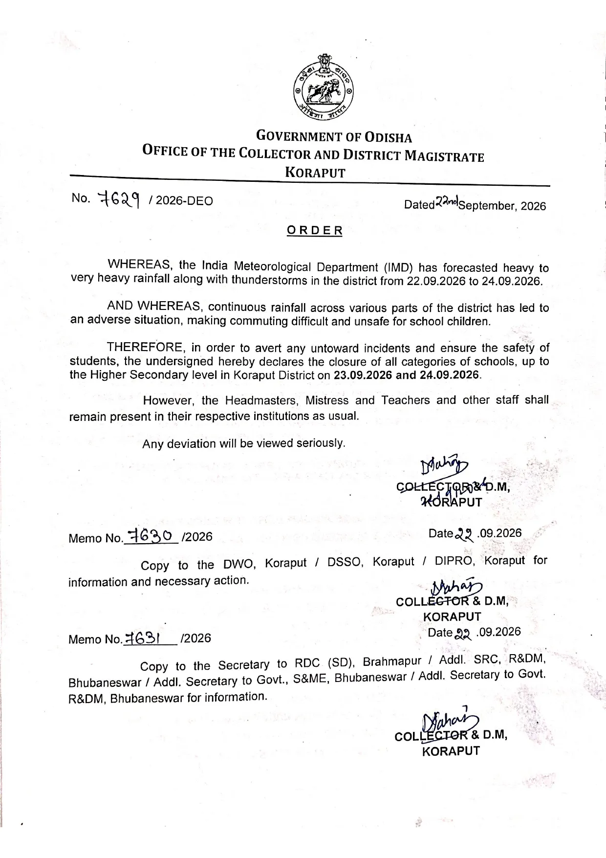 Schools in Koraput would be closed for Rains on 23rd & 24th Sept-26 