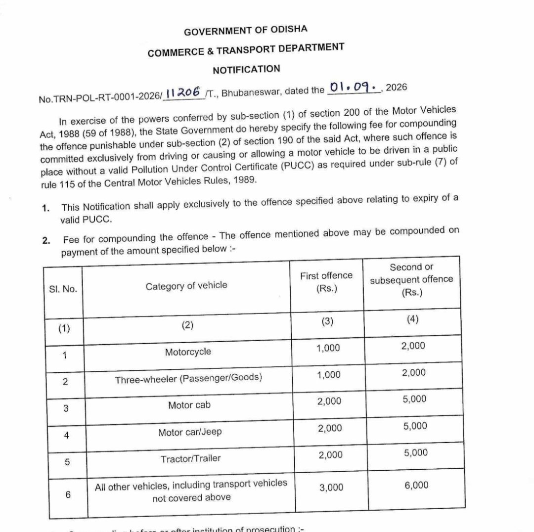 Govt.of Odisha announced Fine for driving without Pollution Certificate
